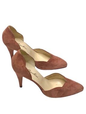 90s Vintage Garolini Suede Scalloped Closed Toe Heels Pumps Shoes Rust Tan 7